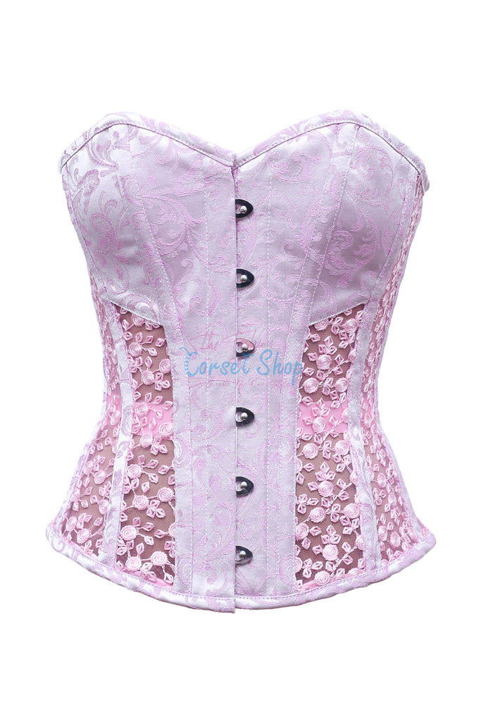 Tomas Baby Pink Polyester Brocade & Rose Floral Net Corset