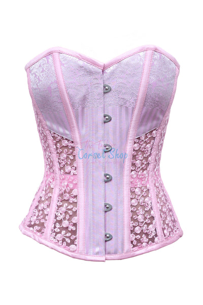 Zuzana Baby Pink Stripe Polyester Satin & Rose Floral Net Corset - Corsets Queen US-CA