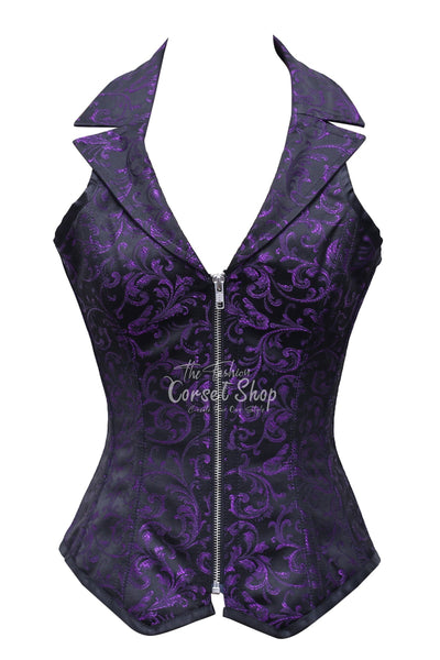 Bink Black Purple Brocade Overbust Corset With Zip Front