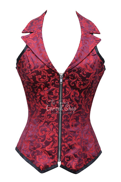 Saze Black Red Brocade Overbust Corset With Zip Front
