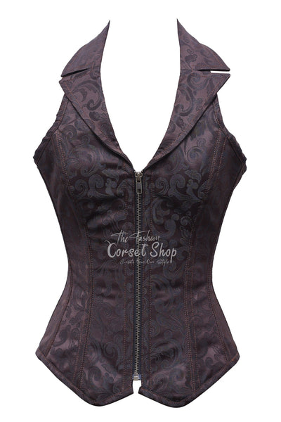 Drescher Coffee Black Brocade Overbust Corset With Zip Front