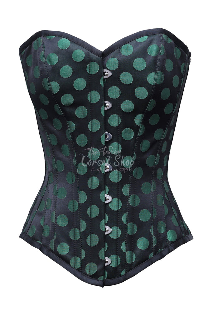 Edita Green Polka Dot On Black Satin Overbust Corset - Corsets Queen US-CA