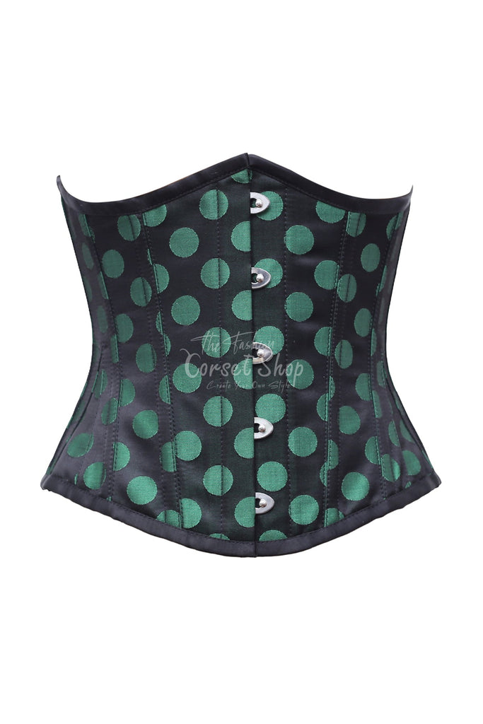 Agathe Green Polka Dot On Black satin Underbust Corset - Corsets Queen US-CA