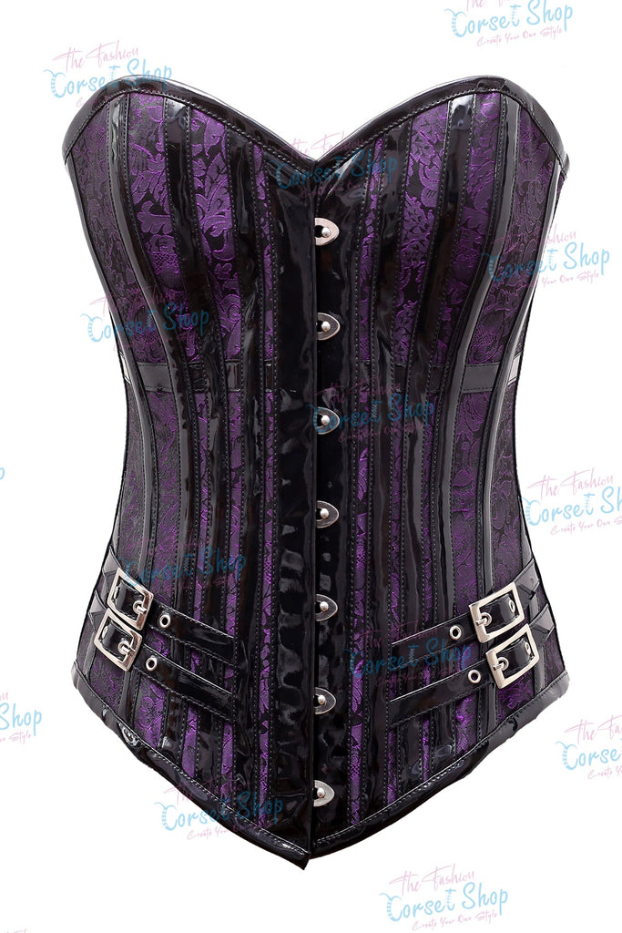 Renata Purple Brocade & Black PVC Overbust Corset