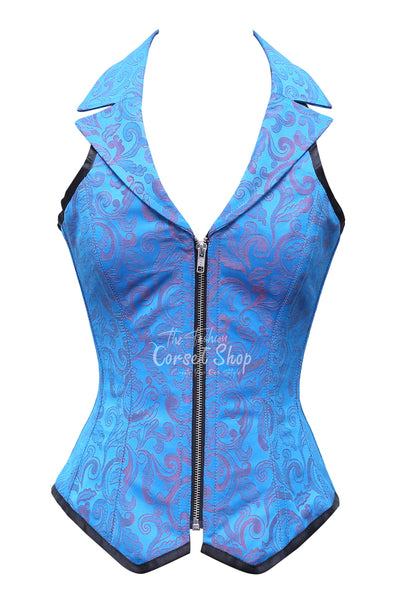 Flatters Red Turquoise Brocade Overbust Corset With Zip Front