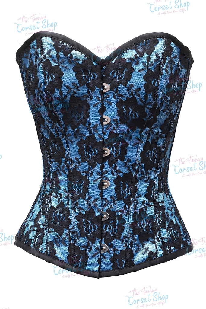 Kinsley Turquoise Satin Black Net overlay Overbust Corset