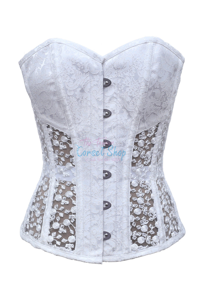 Milena White Brocade & Rose Floral Net Corset - Corsets Queen US-CA