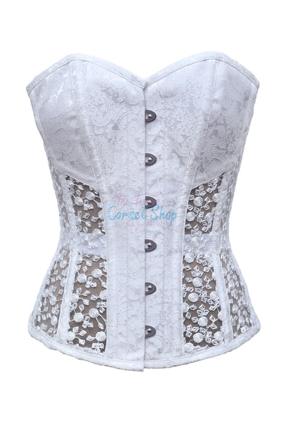 Milena White Brocade & Rose Floral Net Corset - Corsets Queen US-CA