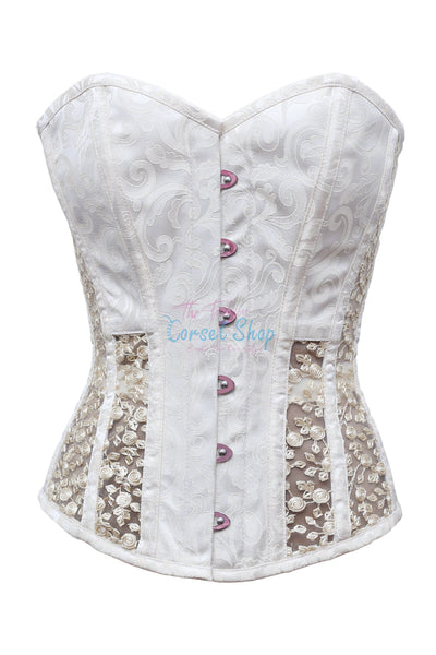 Viktorie White Polyester Brocade & Rose Floral Net Corset