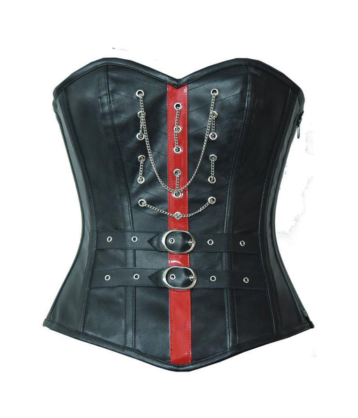 Chiesa Black Leather Overbust Corset With Red PVC Stripe