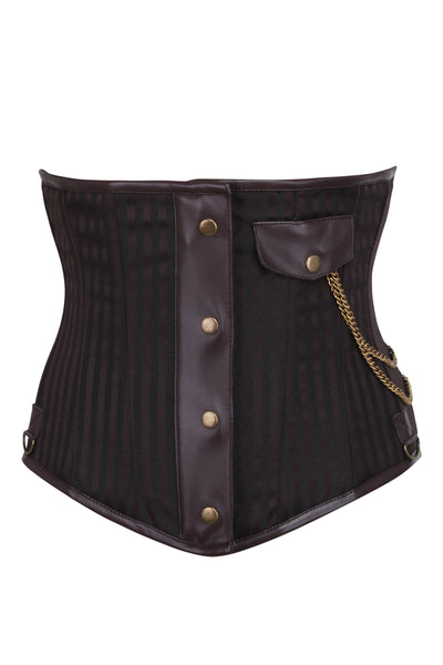 Sabdlin Brown Striped Steampunk Underbust With Steel Busk Covered Detail & Pocket Chain - Corsets Queen US-CA