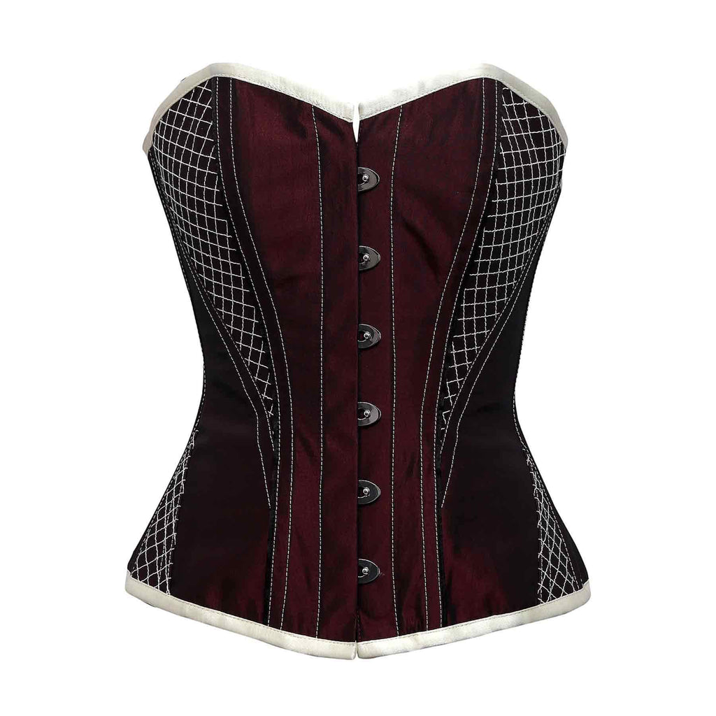 Gillio Burgundy Embrodiery Taffeta Steel Boned Overbust Corset