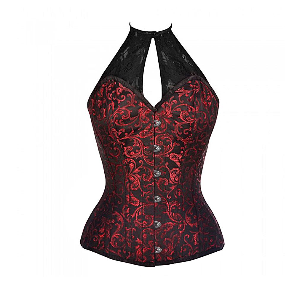 Tino Red Brocade Corset With Lace Halterneck