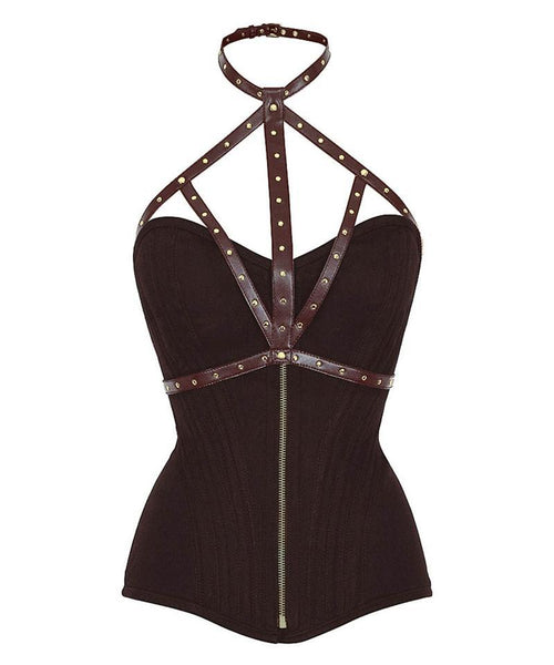 Bannruod Brown Cotton Overbust Corset With Neck Gear