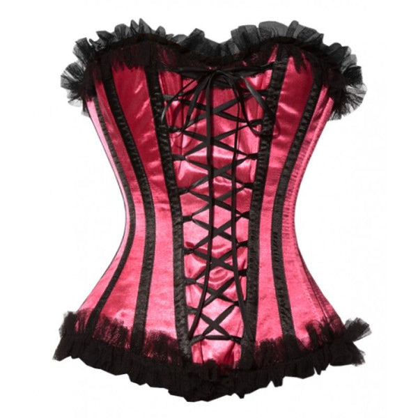 Brunilda Magenta Corset with Black Tulle Trim and Criss Cross Ribbon