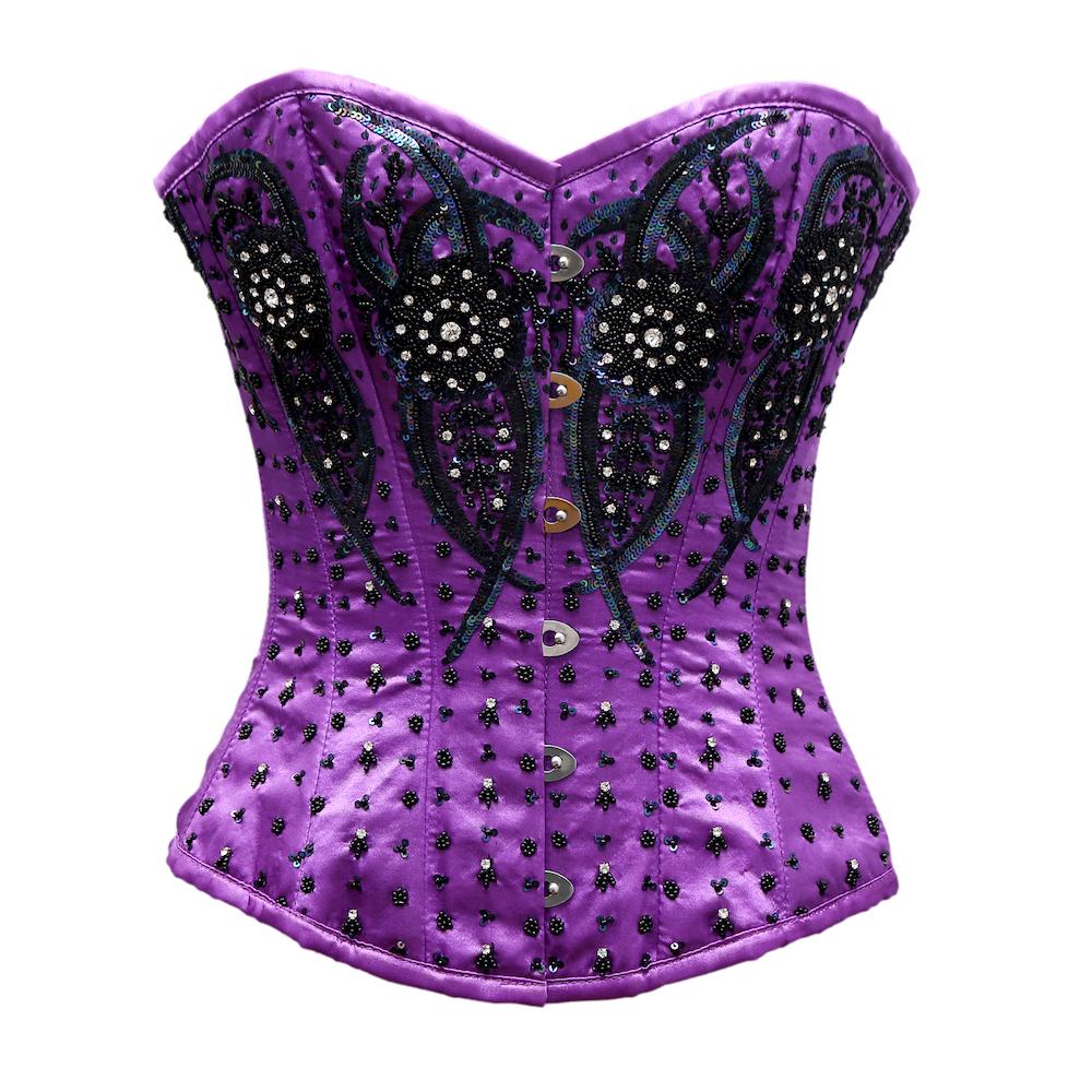 Grentz Purple Satin Embroidery Overbust Corset - Corsets Queen US-CA